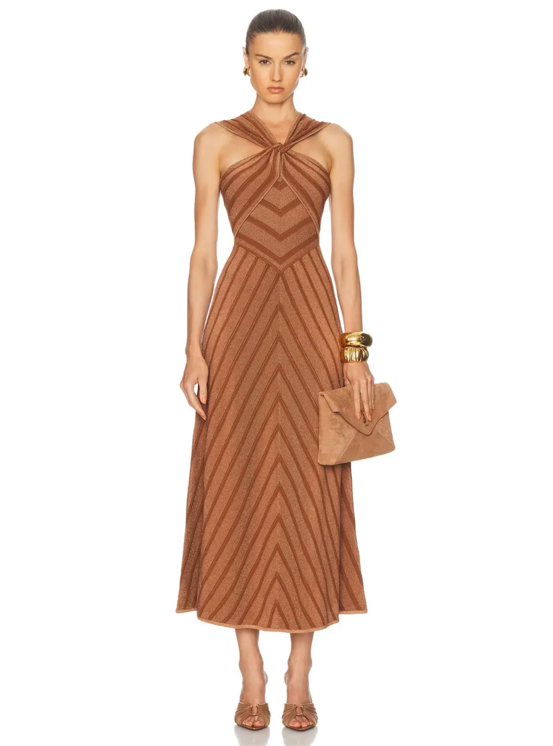 Zimmermann Illuminate Halter Midi Dress in Metallic Bronze Stripe Size 1 / AU 10 for rent on The Volte - main image