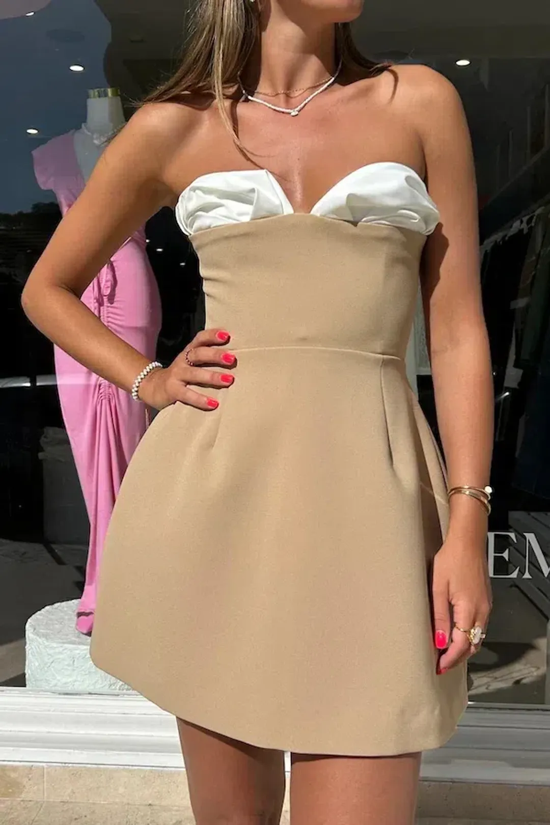 Odd Muse The Ultimate Muse Bardot Mini Dress Camel Size M / AU 10 for rent on The Volte - main image