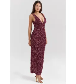 House Of CB Carena Merlot Plunge Floral Appliqué Maxi Dress in Burgundy Size XL/ AU 14 for rent on The Volte - image 4