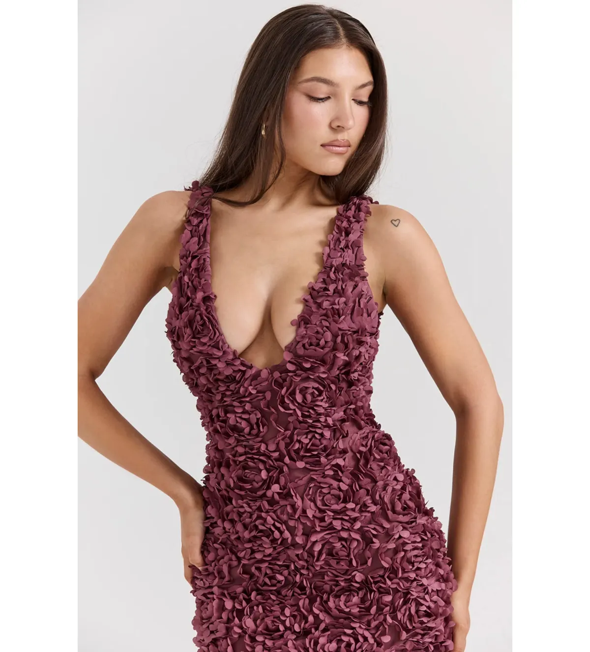 House Of CB Carena Merlot Plunge Floral Appliqué Maxi Dress in Burgundy Size XL/ AU 14 - Image 2