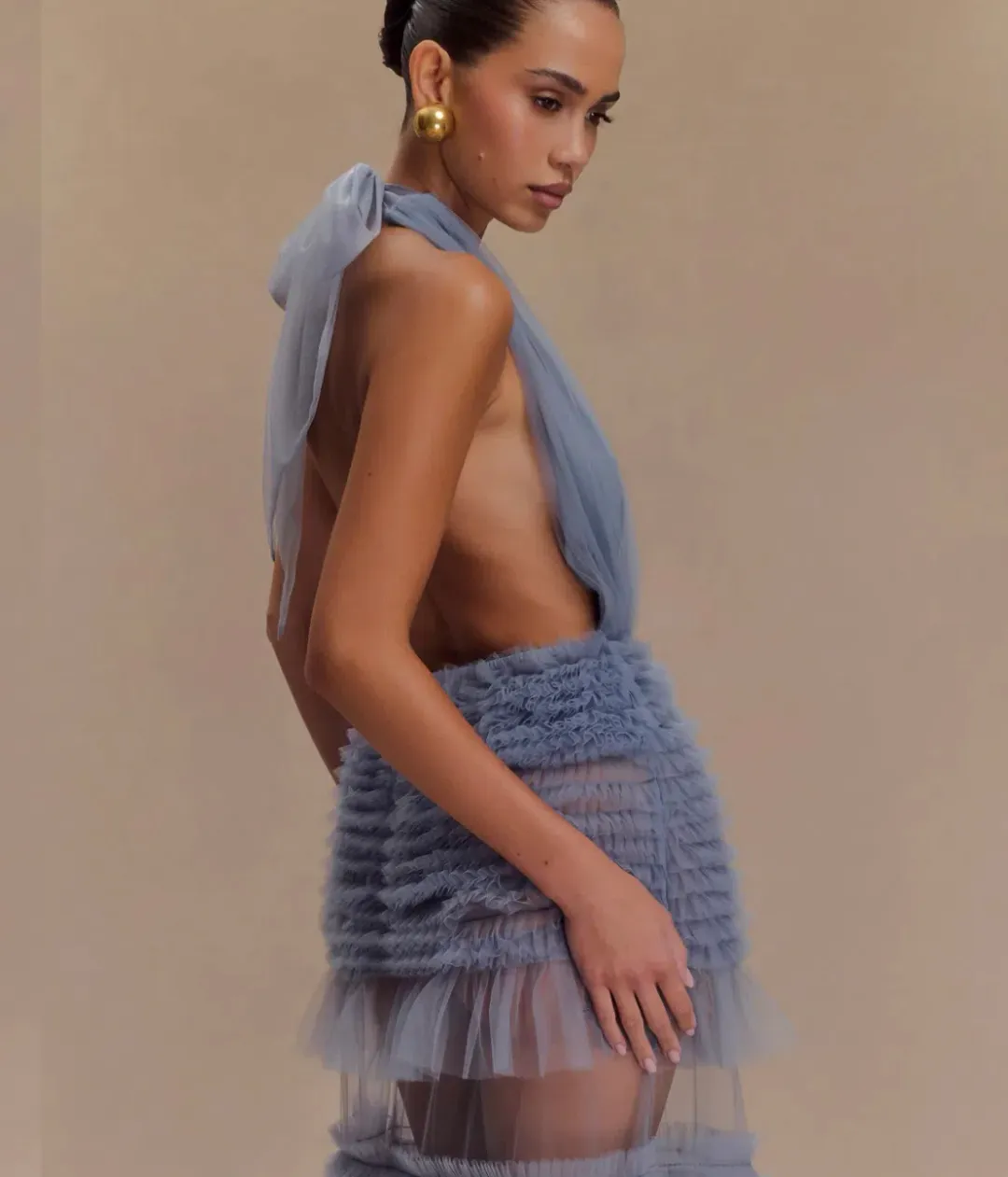 Meshki Mesh Tulle Ruffle Halter Maxi Dress Blue Size 6 for rent on The Volte - main image