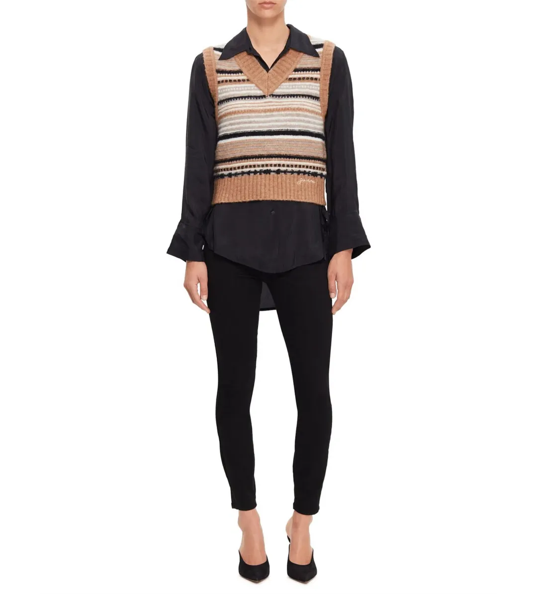 Ganni V-Neck Soft Wool Stripe Sleeveless Vest Size L/ AU 12 for rent on The Volte - main image