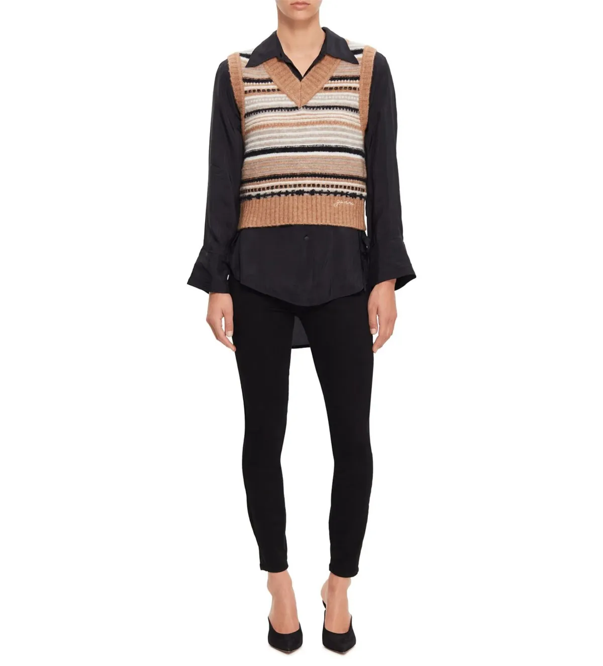 Ganni V-Neck Soft Wool Stripe Sleeveless Vest Size L/ AU 12 - Image 3