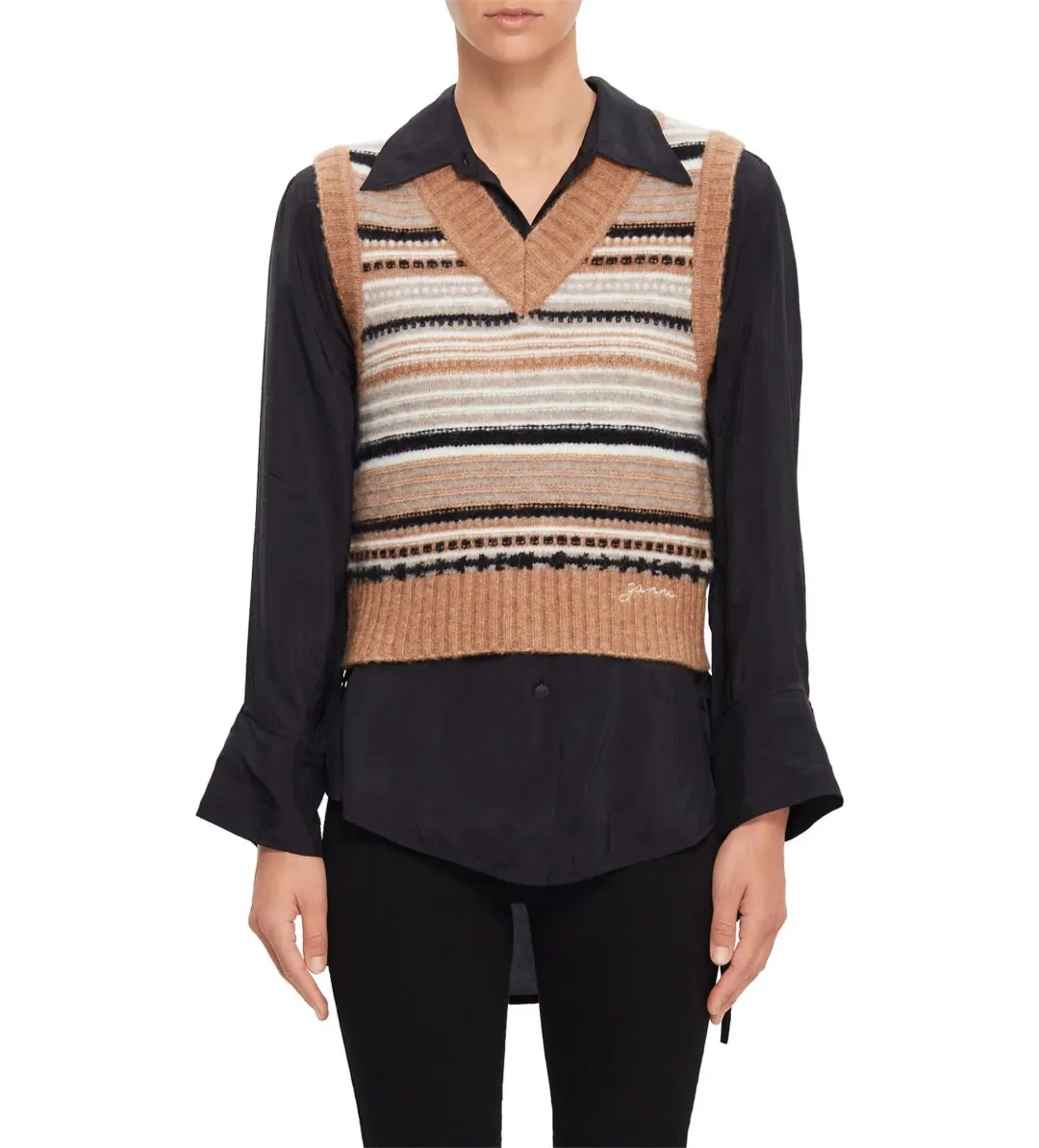 Ganni V-Neck Soft Wool Stripe Sleeveless Vest Size L/ AU 12 for rent on The Volte - main image