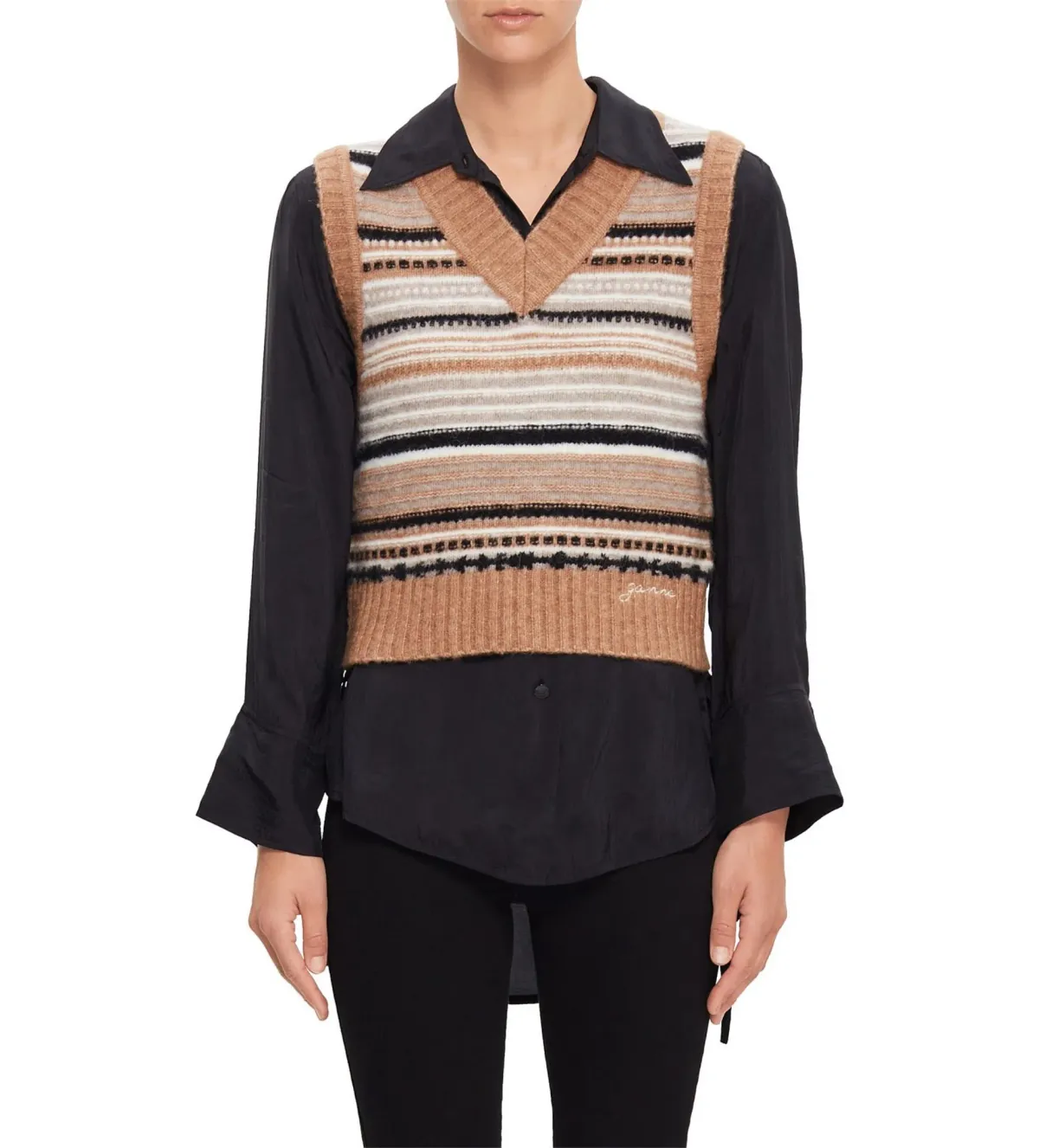 Ganni V-Neck Soft Wool Stripe Sleeveless Vest Size L/ AU 12 - Image 1