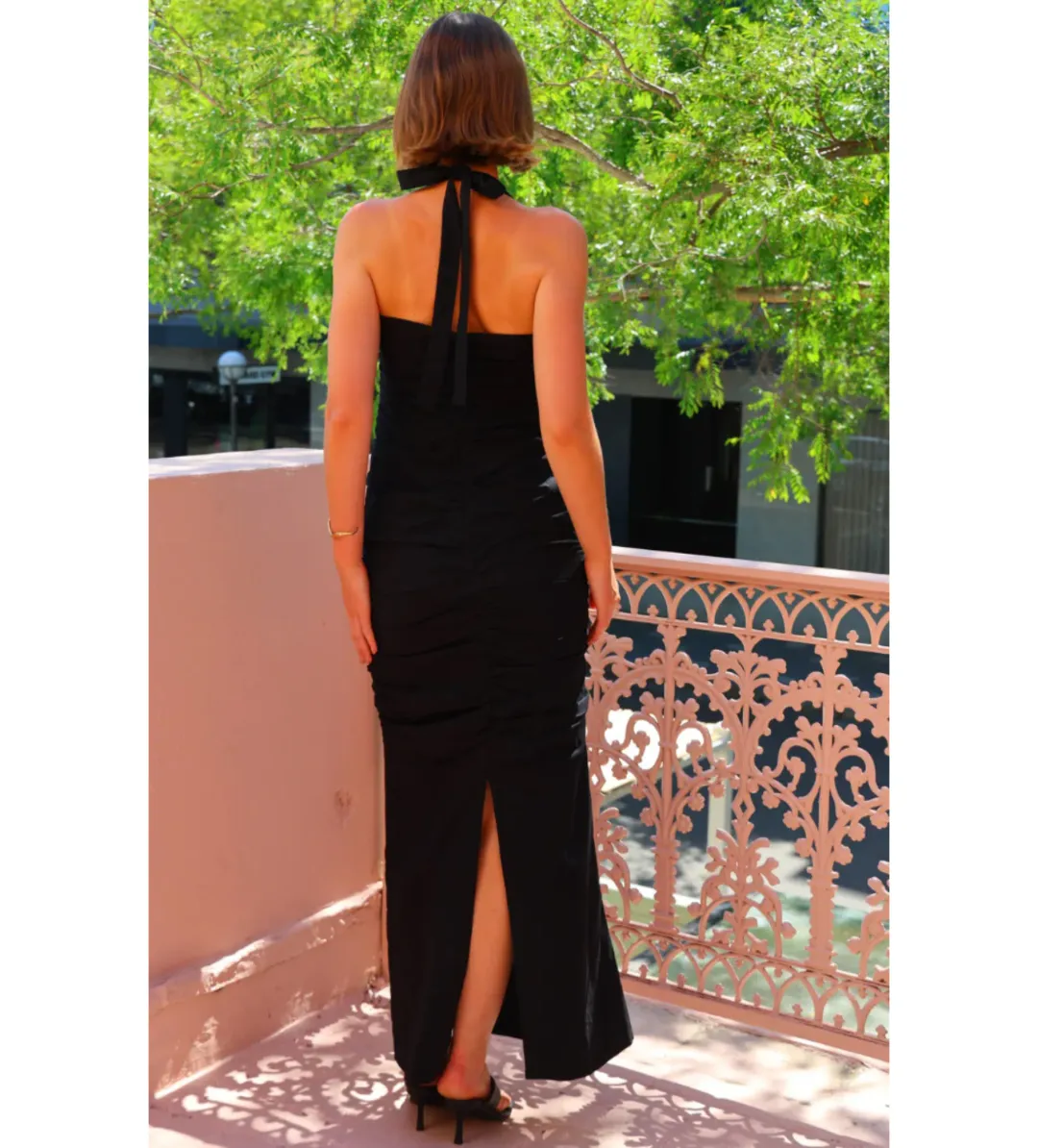By Nicola Bay Linen Halter Neck Gathered Dress in Black AU 8 for rent on The Volte - main image