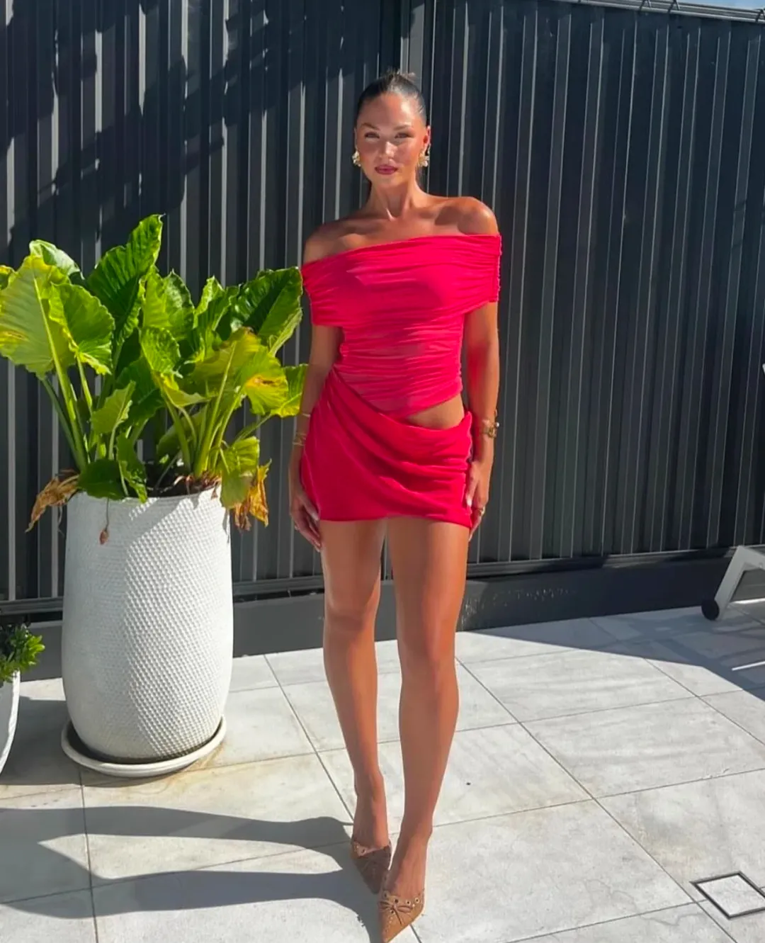 Benni Nico Off Shoulder Dress Watermelon Size 6 for rent on The Volte - main image