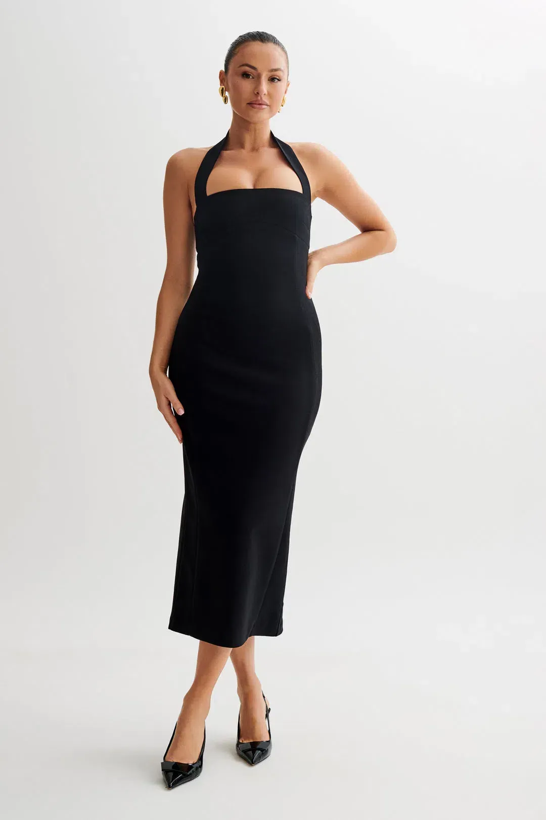 Meshki Amelita Suiting Halter Midi Dress Black Size 6 for rent on The Volte - main image