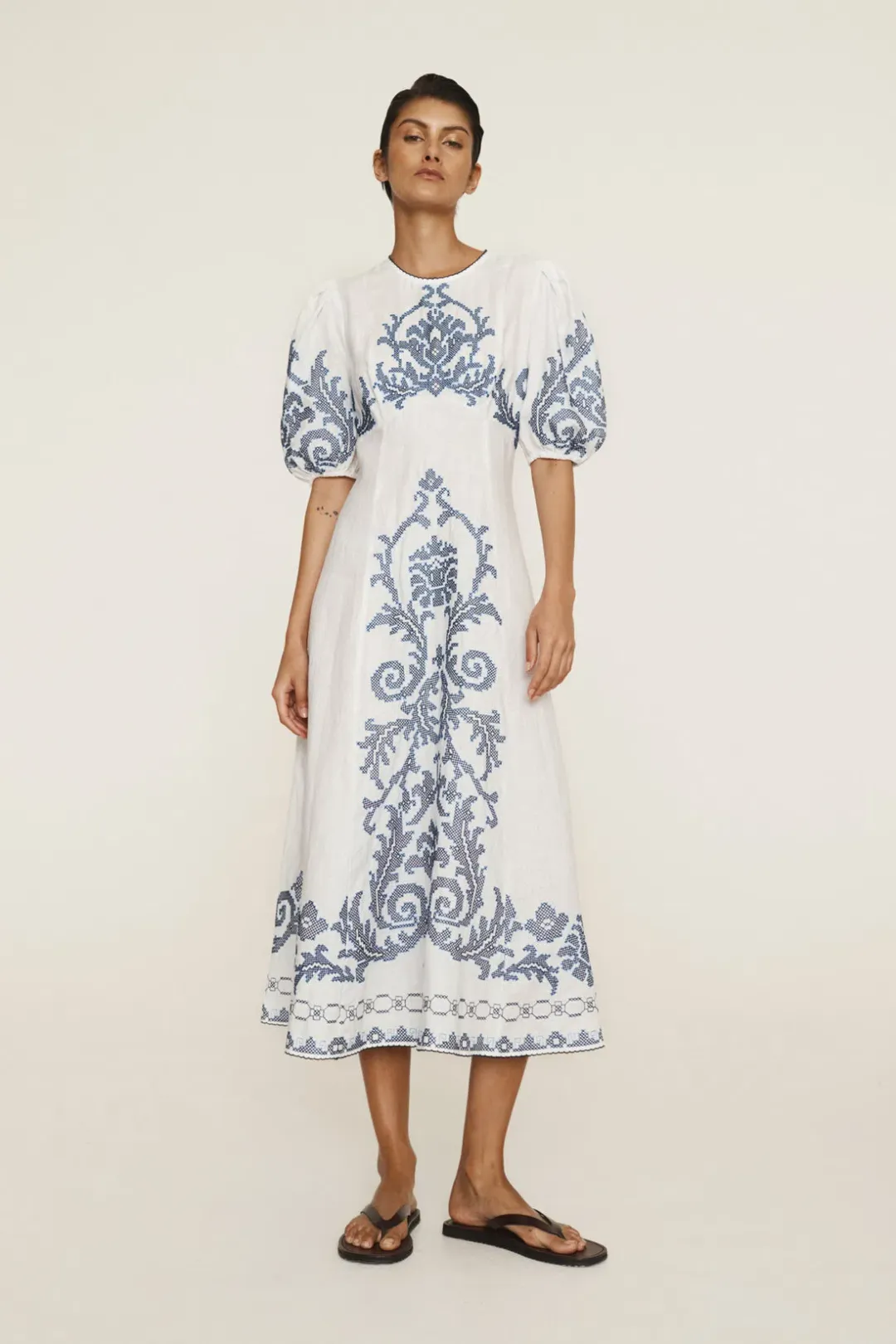 Alemais Hazel Embroidered Midi Dress White Print Size 14 for rent on The Volte - main image