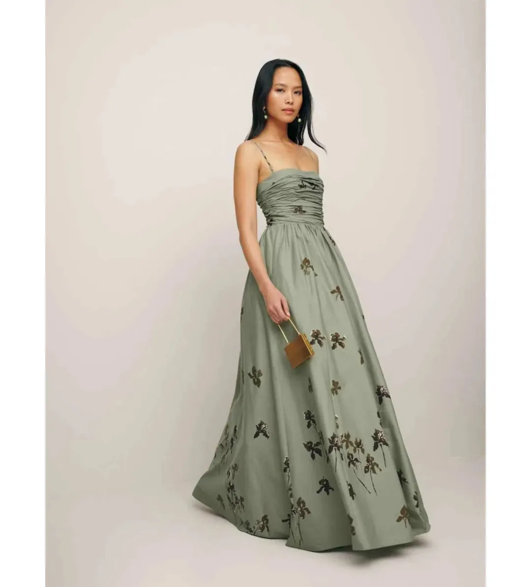 Reformation Kastoria Ruched Maxi Dress in Green/Iris Border Size 0/AU 6 for rent on The Volte - main image