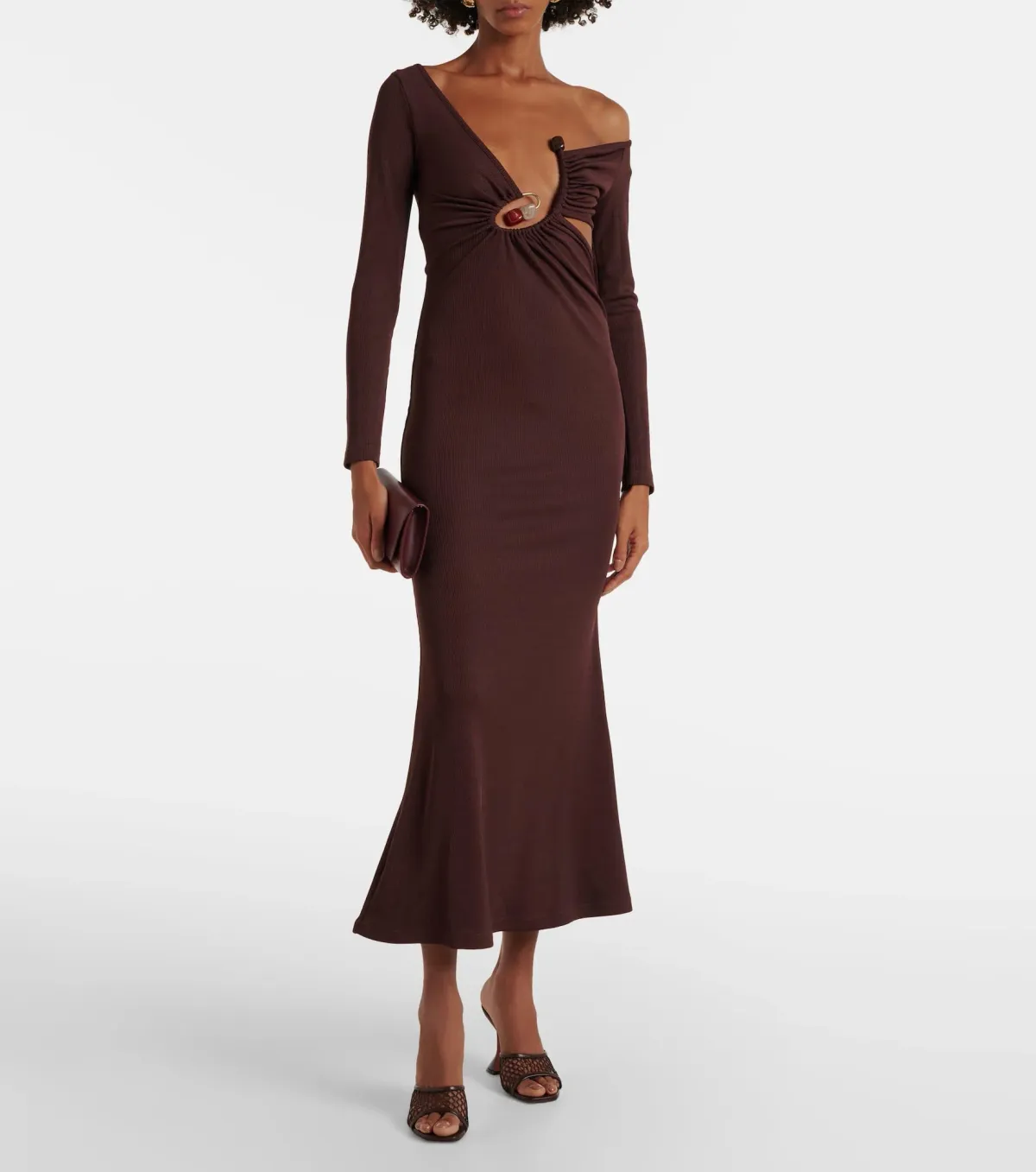 Christopher Esber Spiral Crystal Ribbed-Knit Midi Dress Mahogany Size 10 - Image 1