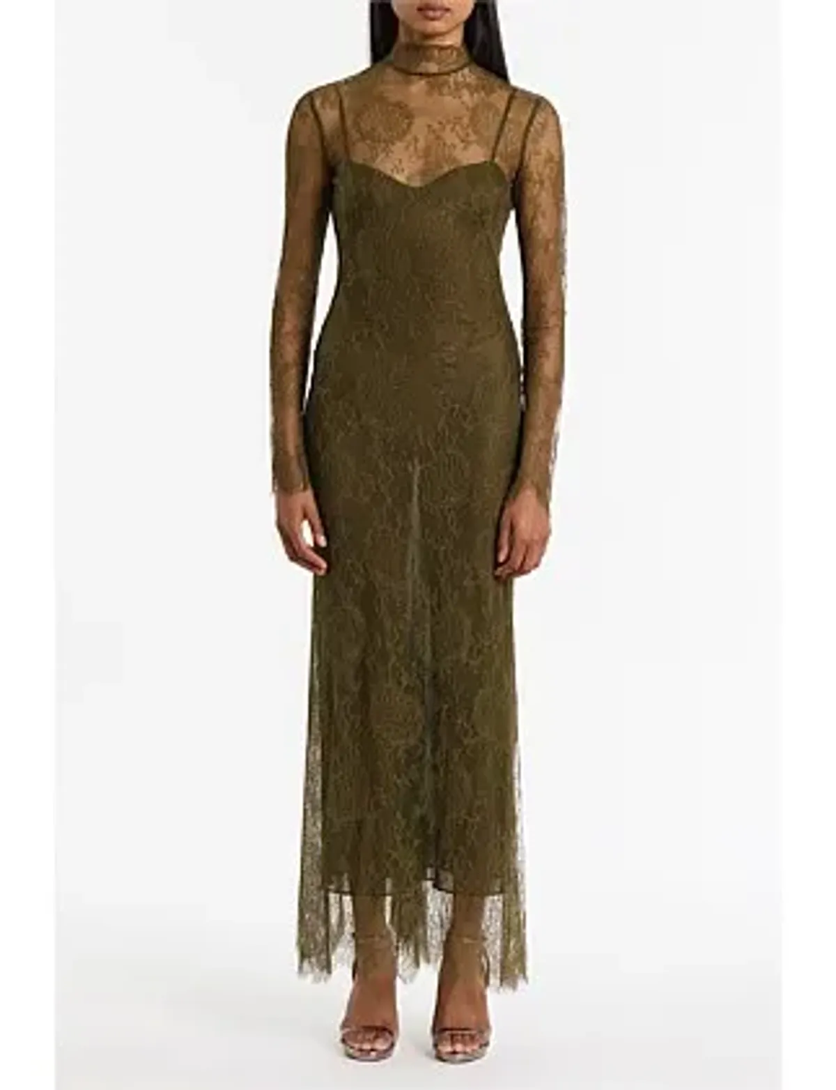 Carla Zampatti Juniper Chantilly Lace Sleeved Gown Olive Size 14 - Image 1