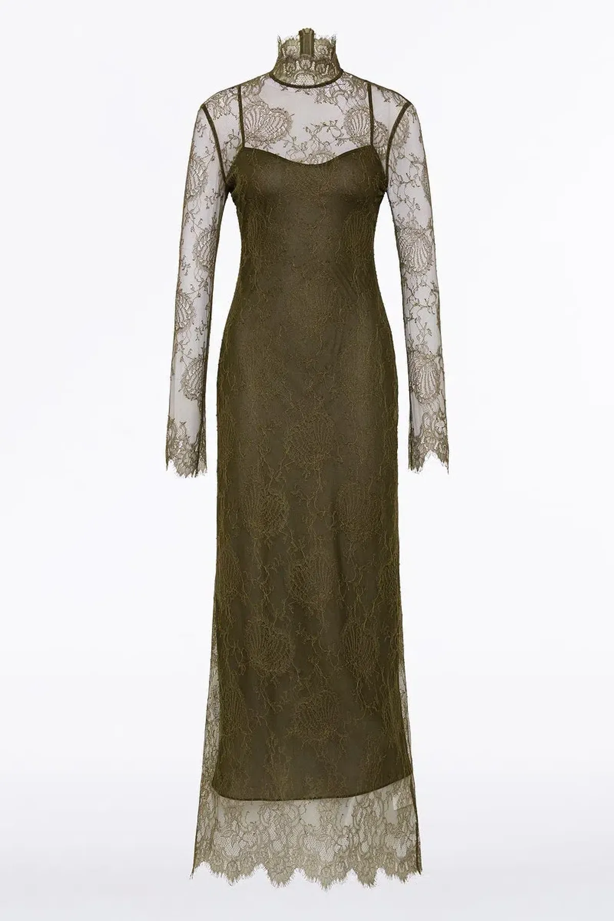 Carla Zampatti Juniper Chantilly Lace Sleeved Gown Olive Size 14 - Image 5