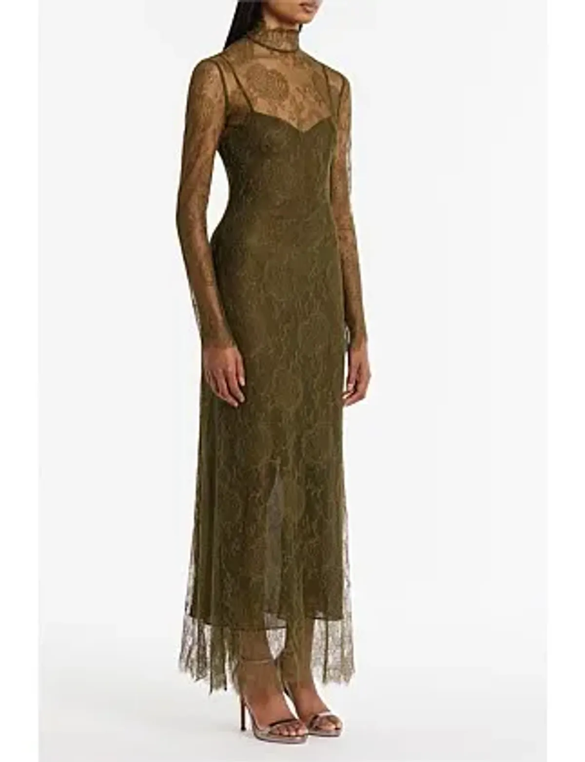 Carla Zampatti Juniper Chantilly Lace Sleeved Gown Olive Size 14 - Image 4