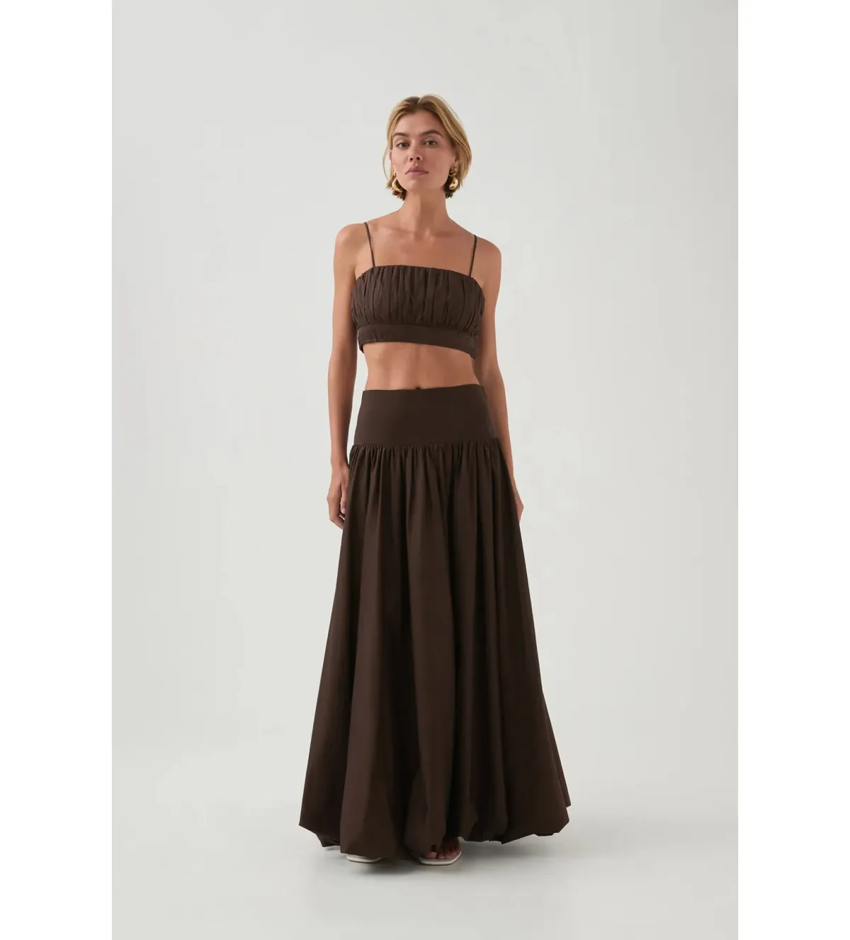 Aje Havana Ruched Top & Bubble Midi Skirt Set in Chocolate Size 6 - Image 1