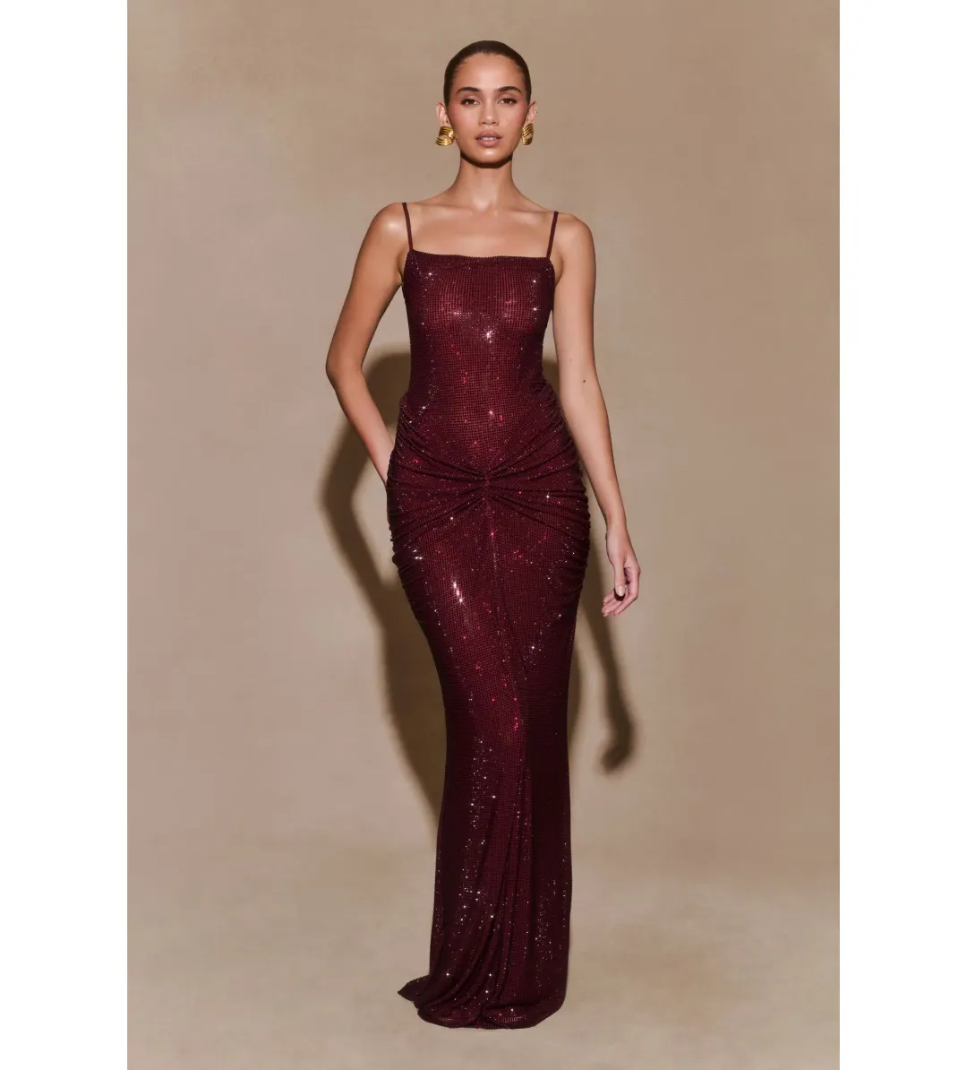 Meshki Roisin Diamante Satin Maxi Dress Mahogany AU 4 for rent on The Volte - main image