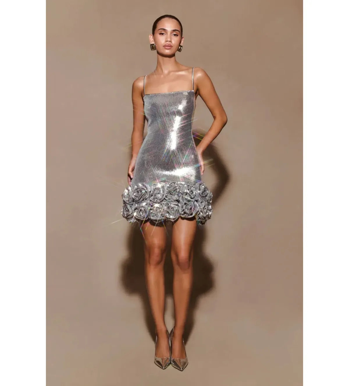 Meshki Faye Sequin Flower Mini Dress Silver Size AU 8 - Image 1