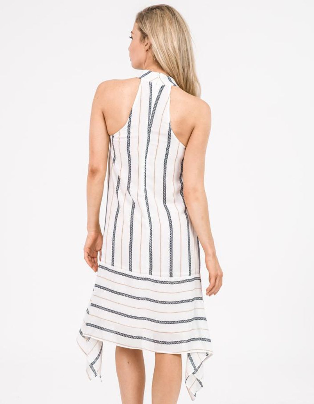 Shona Joy High Neck Handkerchief Dress Navy Gold Stripe Size 8 for rent on The Volte - main image