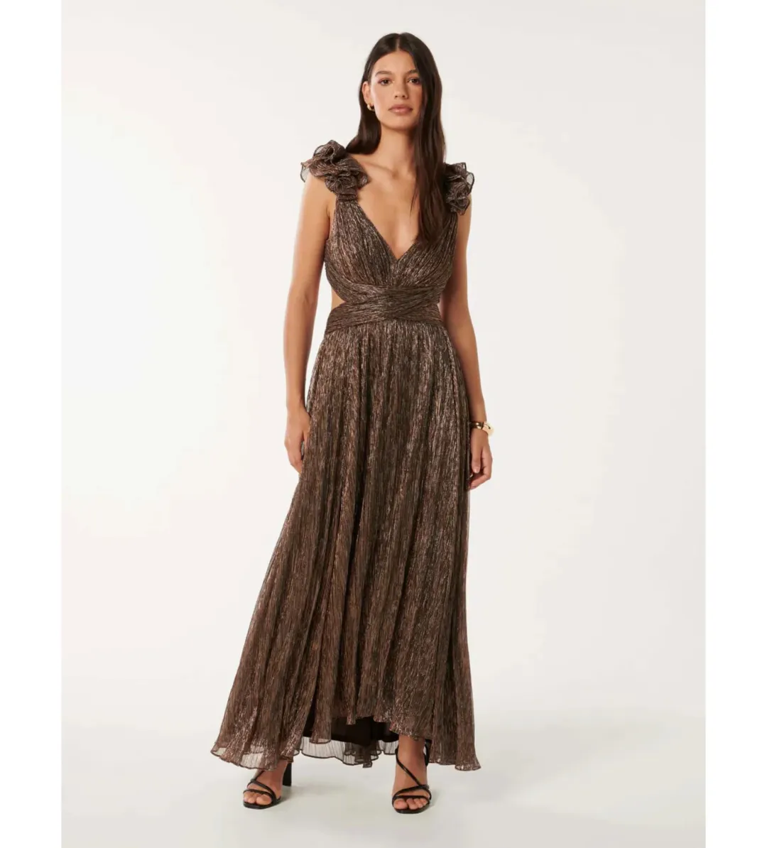 Selena Plisse Ruffle Shoulder Maxi Dress Brown Size 10 for rent on The Volte - main image