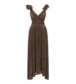 Selena Plisse Ruffle Shoulder Maxi Dress Brown Size 10 for rent on The Volte - image 4