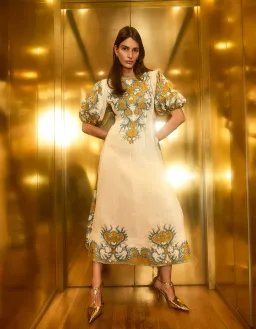 Antipodean Paloma Pin Tuck Dress in Dandelion and Steel Size 10 for rent on The Volte - image 1