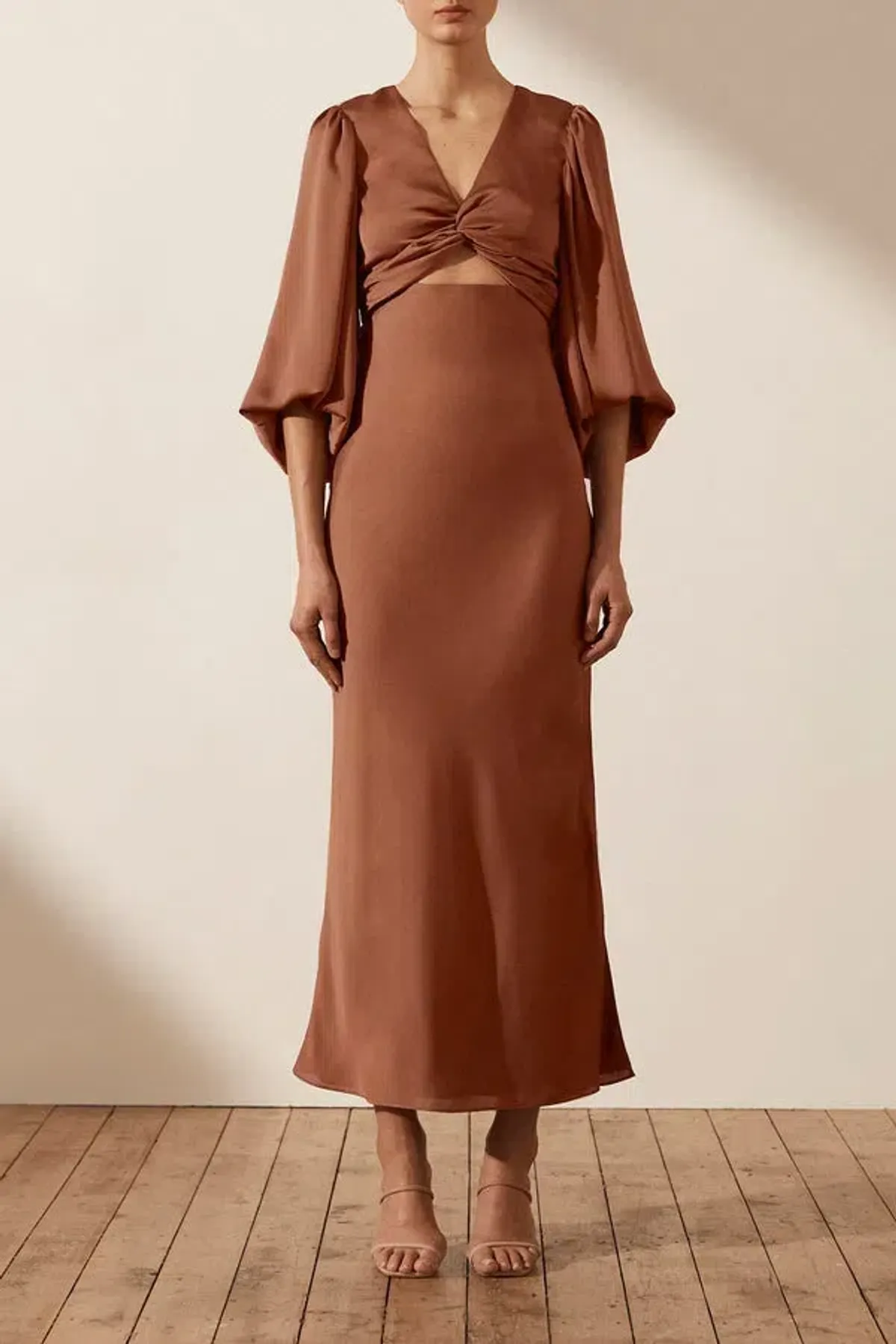 Shona Joy Luxe Front Twist Midi Dress Brown Size 10 - Image 1
