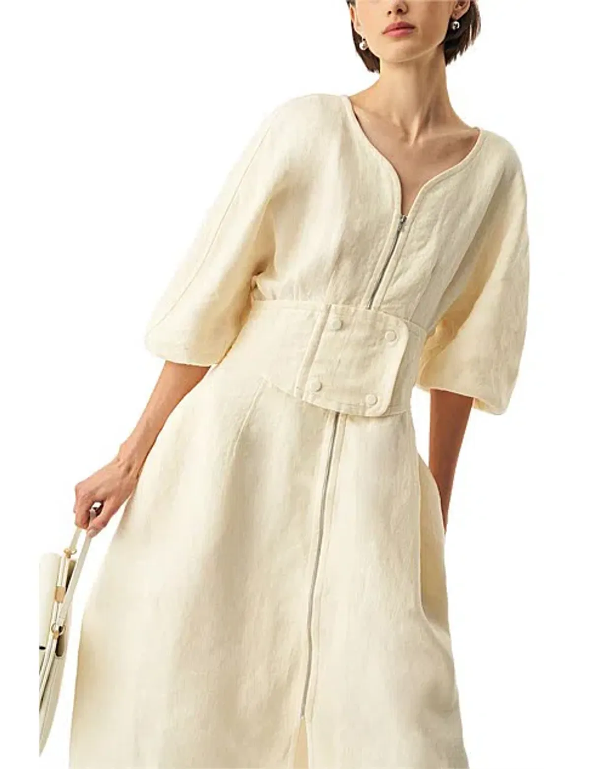 Oroton Full Sleeve Corset Midi Dress Cream Size AU 6 - Image 3