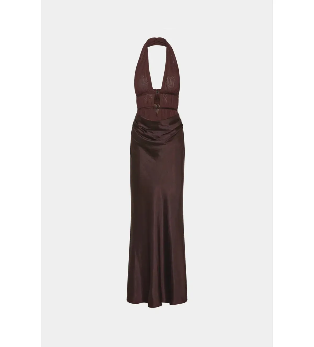 Misha The Celine Satin and Mesh Maxi Dress in Umber Brown Size 8 - Image 4