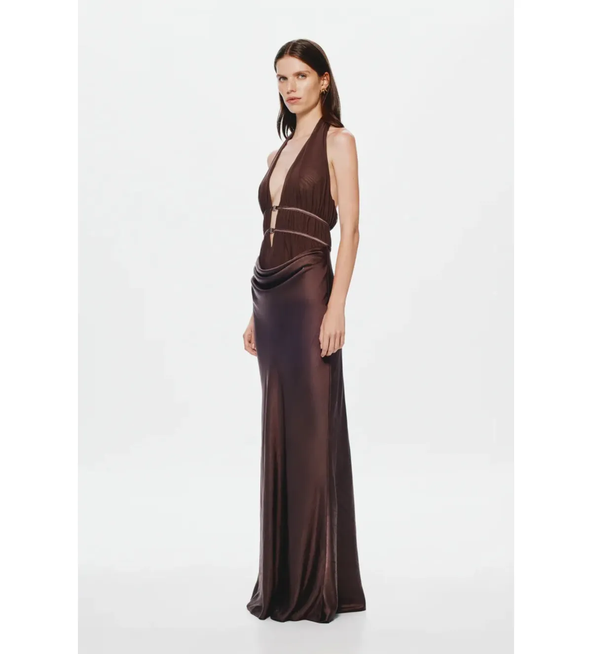 Misha The Celine Satin and Mesh Maxi Dress in Umber Brown Size 8 - Image 2