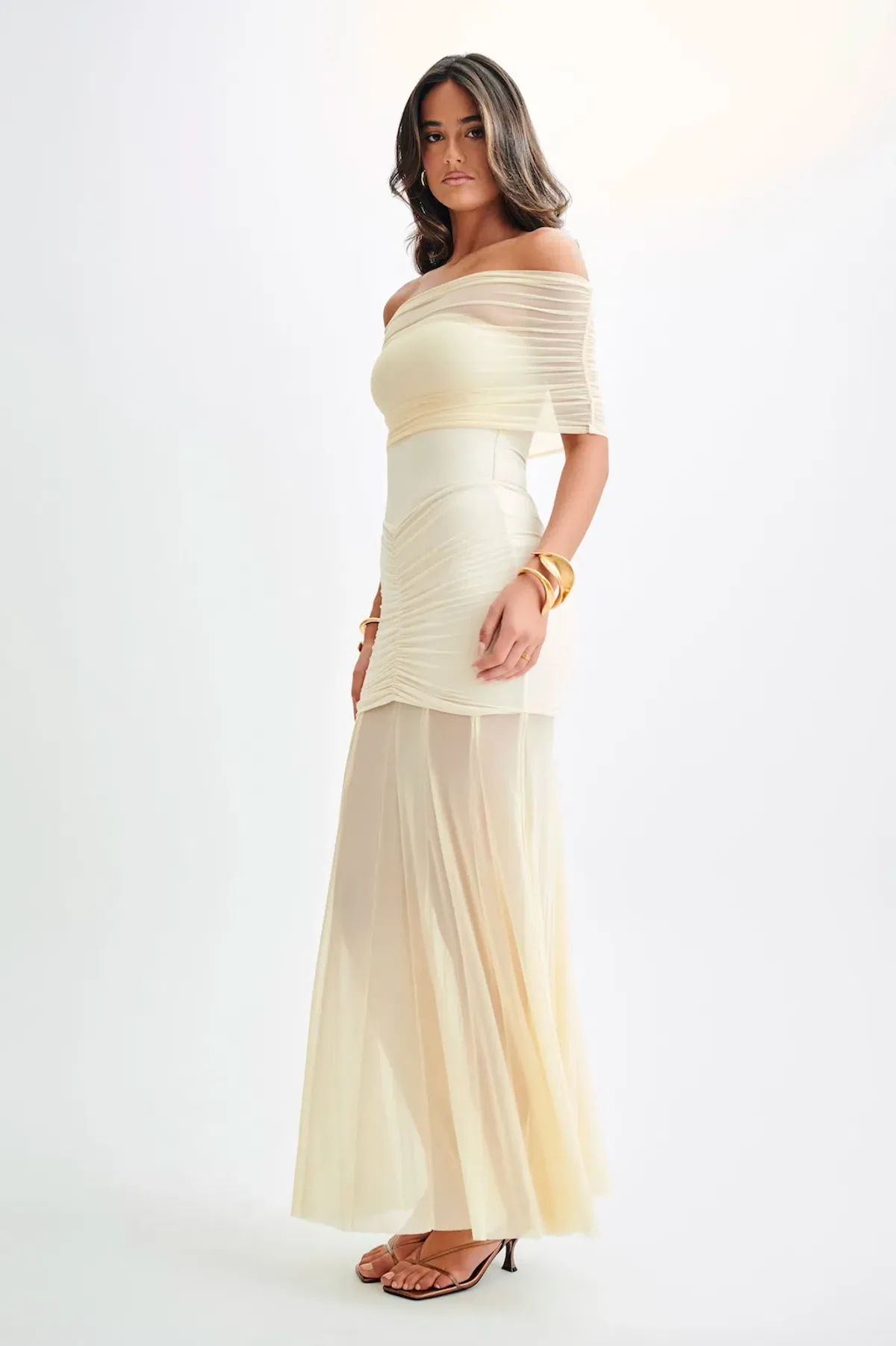 Meshki Caspian Slinky and Mesh Off The Shouleder Dress in Ivory Size AU 6 for rent on The Volte - main image