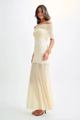 Meshki Caspian Slinky and Mesh Off The Shouleder Dress in Ivory Size AU 6 for rent on The Volte - image 1