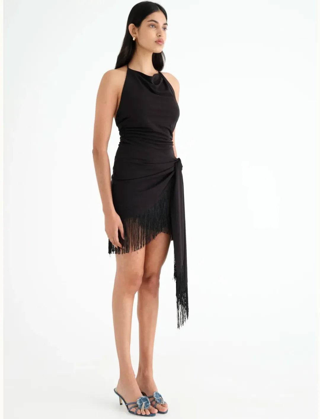 Benni Carolina Fringe Halter Mini Dress Black Size 10 for rent on The Volte - main image