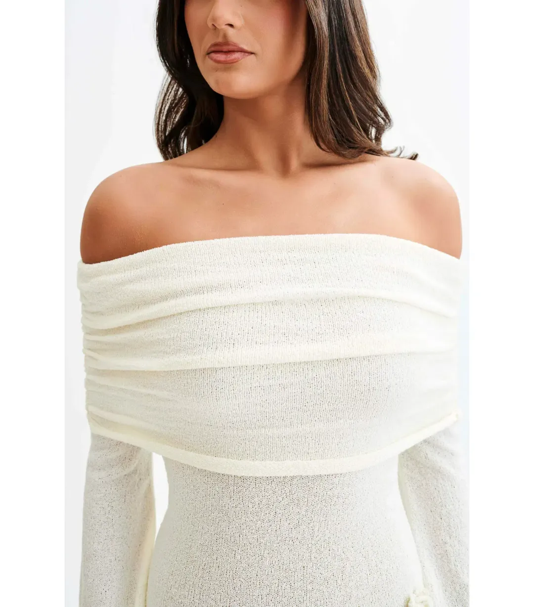 Meshki Kiki Off Shoulder Knit Rose Maxi Dress Ivory Size AU 14 for rent on The Volte - main image