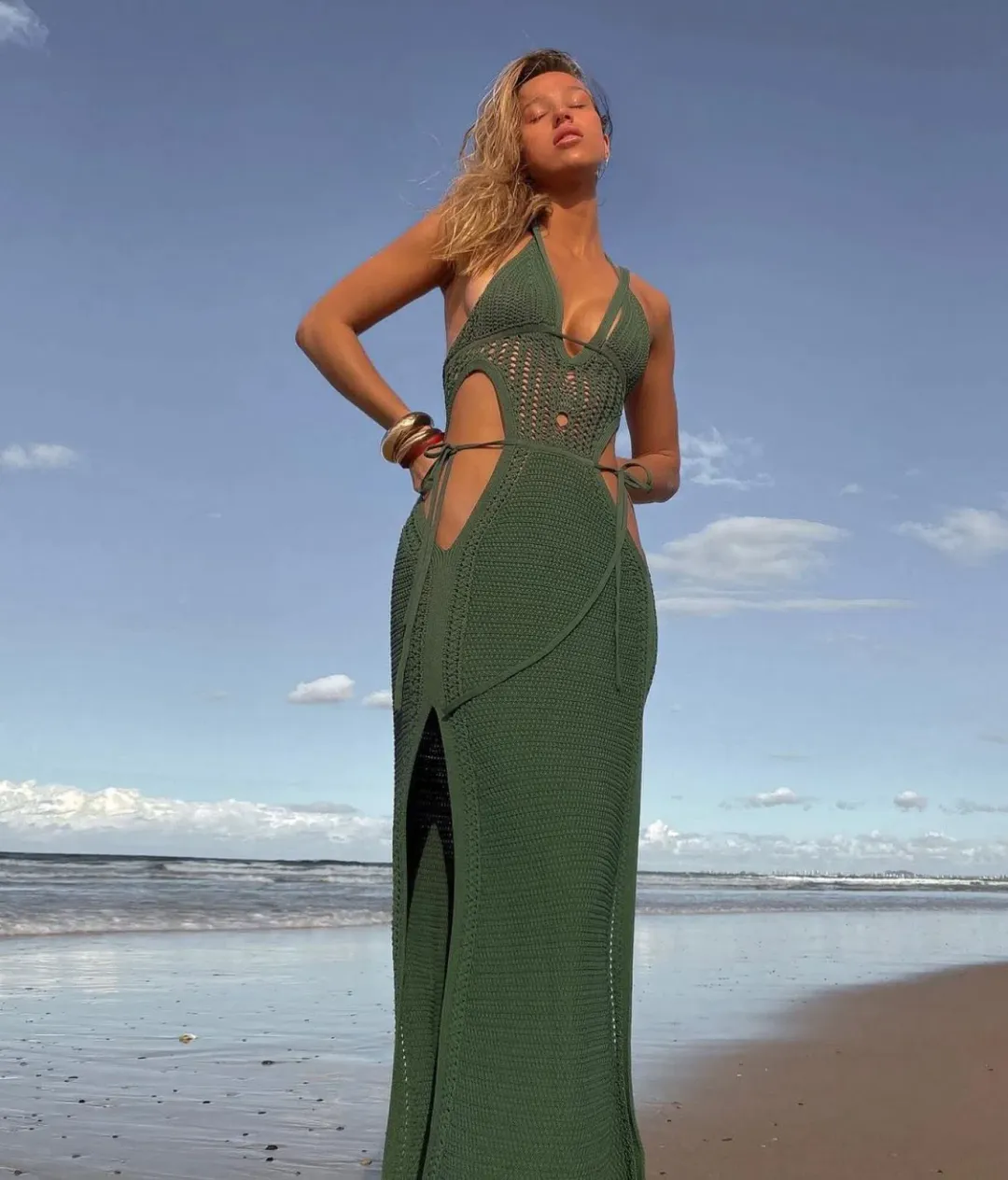 Dion Lee Crochet Midi Knit Halterneck Dress Green Size XS / AU 6 for rent on The Volte - main image