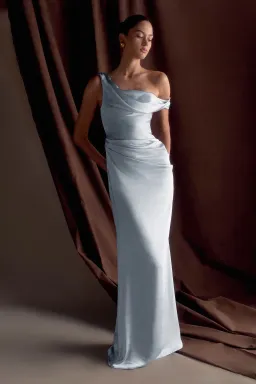 MESHKI Dalia Off Shoulder Satin Maxi Dress Frosted Blue Size 6 for rent on The Volte - image 1