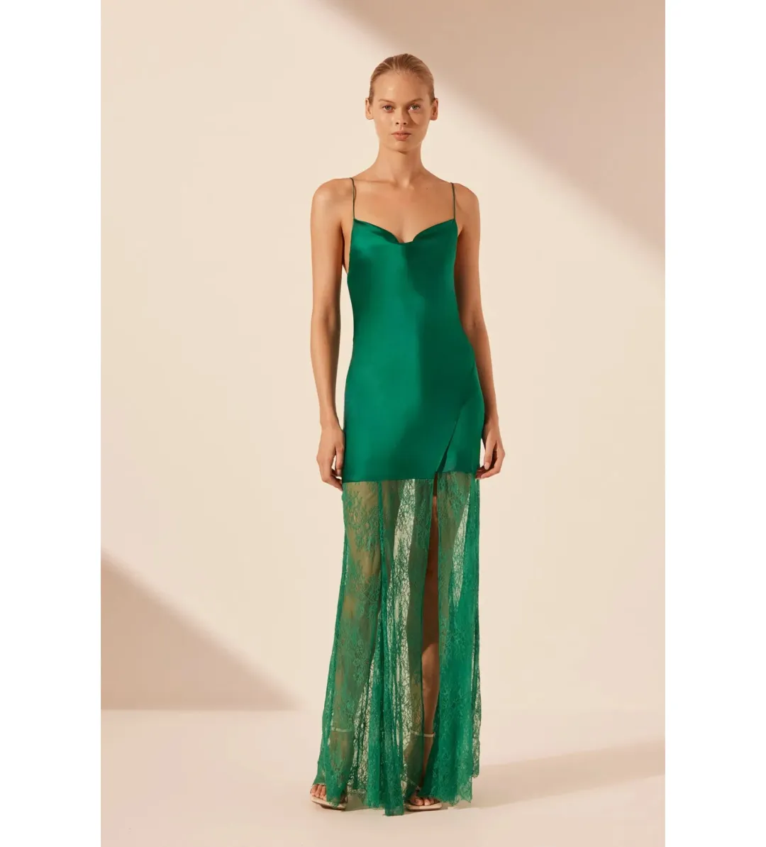 Shona Joy Elle Silk Lace Cowl Maxi Dress in Emerald Green Size 8 for rent on The Volte - main image