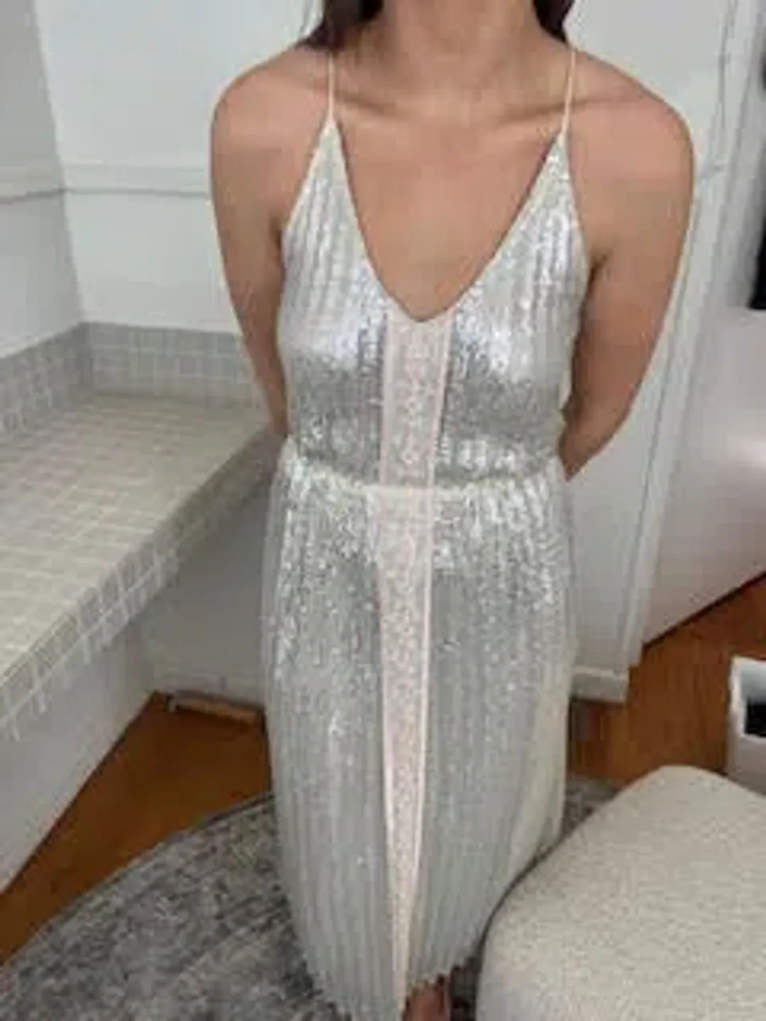 Flannel Silver Sequin Midi Dress Size 10 for rent on The Volte - main image