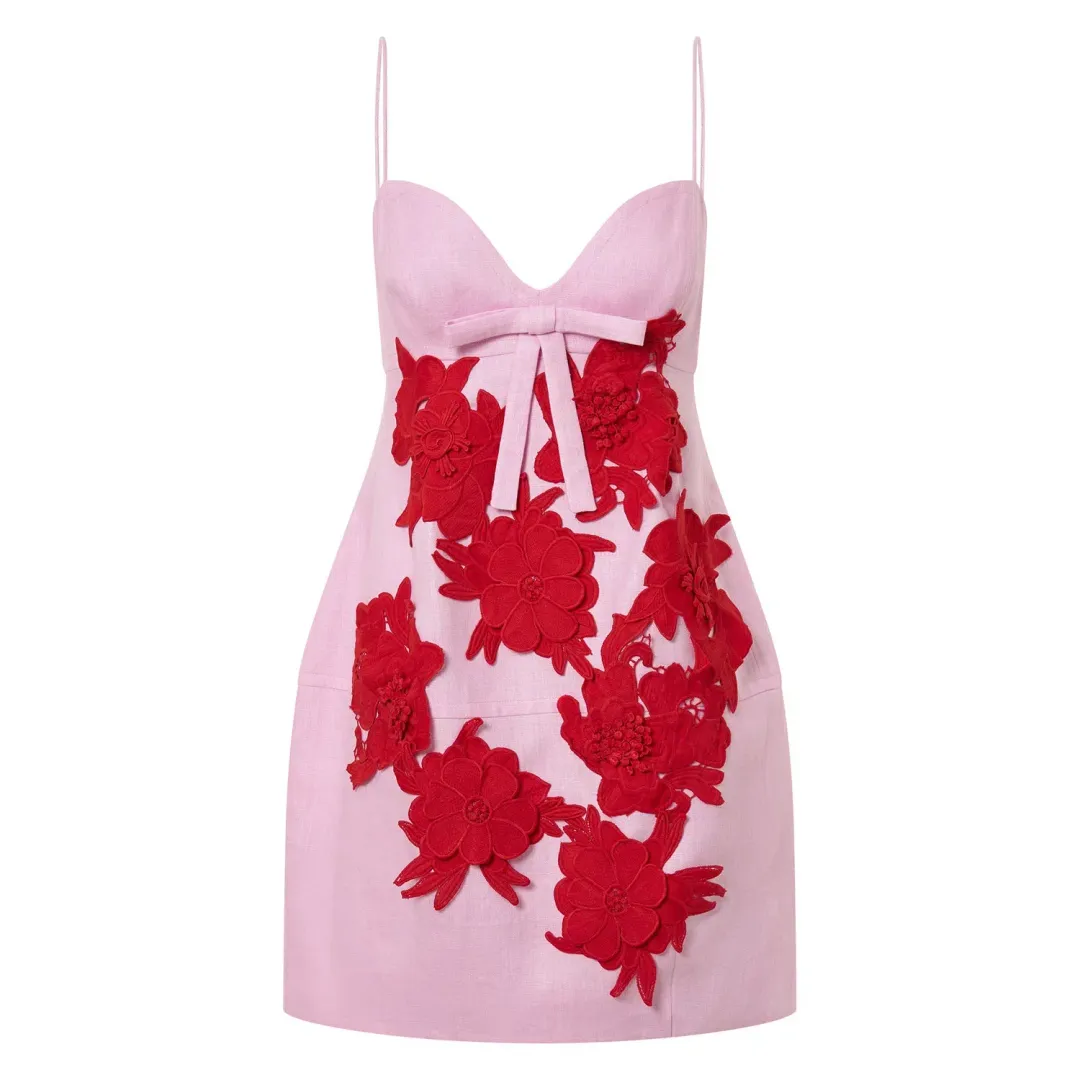 Oroton 3D Contrast Flower Linen Mini Dress Floral Size 10 for rent on The Volte - main image
