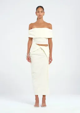 BENNI Rudi Off-Shoulder Top & Midi Skirt in cream Size 8 / AU 8 for rent on The Volte - image 1