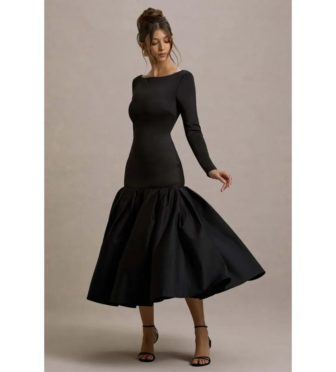 Club L London Perpetua Drop-Waist Midi Dress with Volume Skirt Black Size AU 10 for rent on The Volte - main image