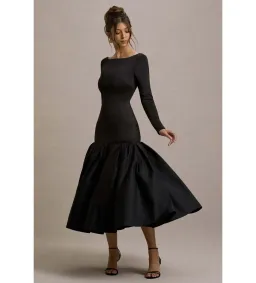 Club L London Perpetua Drop-Waist Midi Dress with Volume Skirt Black Size AU 10 for rent on The Volte - image 3
