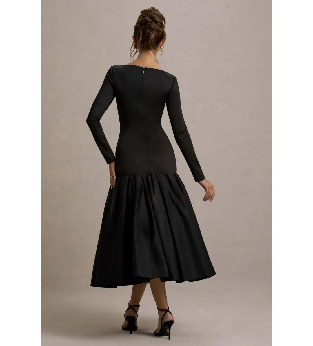 Club L London Perpetua Drop-Waist Midi Dress with Volume Skirt Black Size AU 10 for rent on The Volte - main image