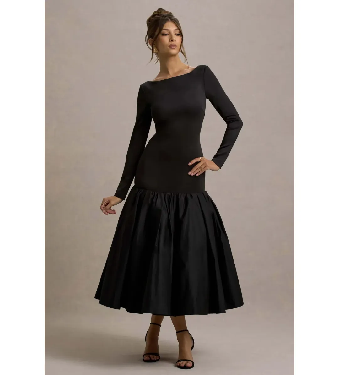 Club L London Perpetua Drop-Waist Midi Dress with Volume Skirt Black Size AU 10 for rent on The Volte - main image