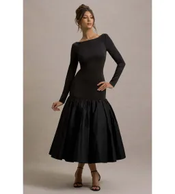 Club L London Perpetua Drop-Waist Midi Dress with Volume Skirt Black Size AU 10 for rent on The Volte - image 1