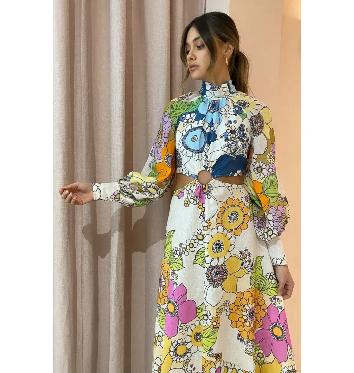 Alemais Farrah Cut Out Midi Dress Floral Multi Size AU 8 - Image 3