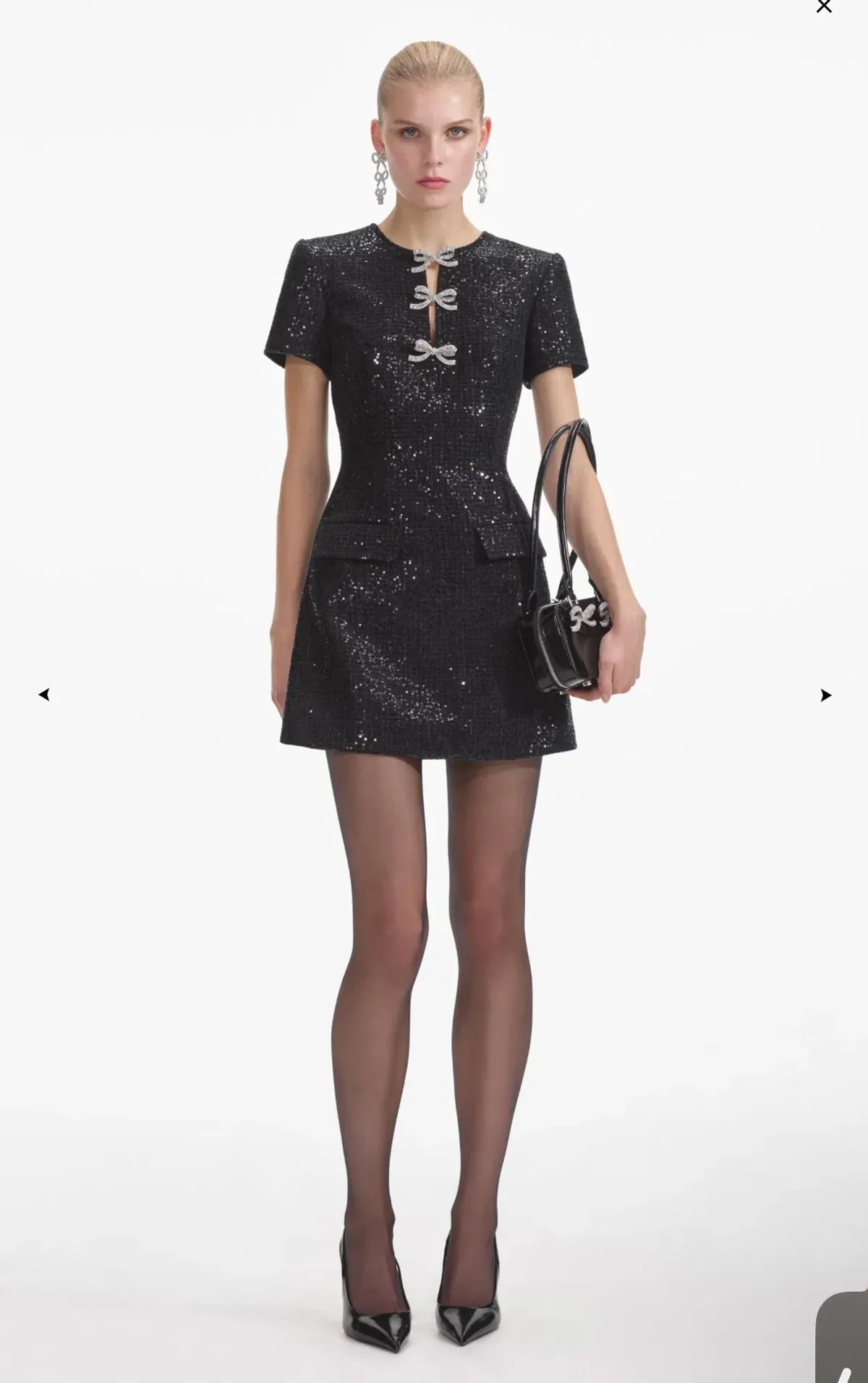 Self portrait BLACK BOUCLE BOW MINI DRESS Size Large - Image 1