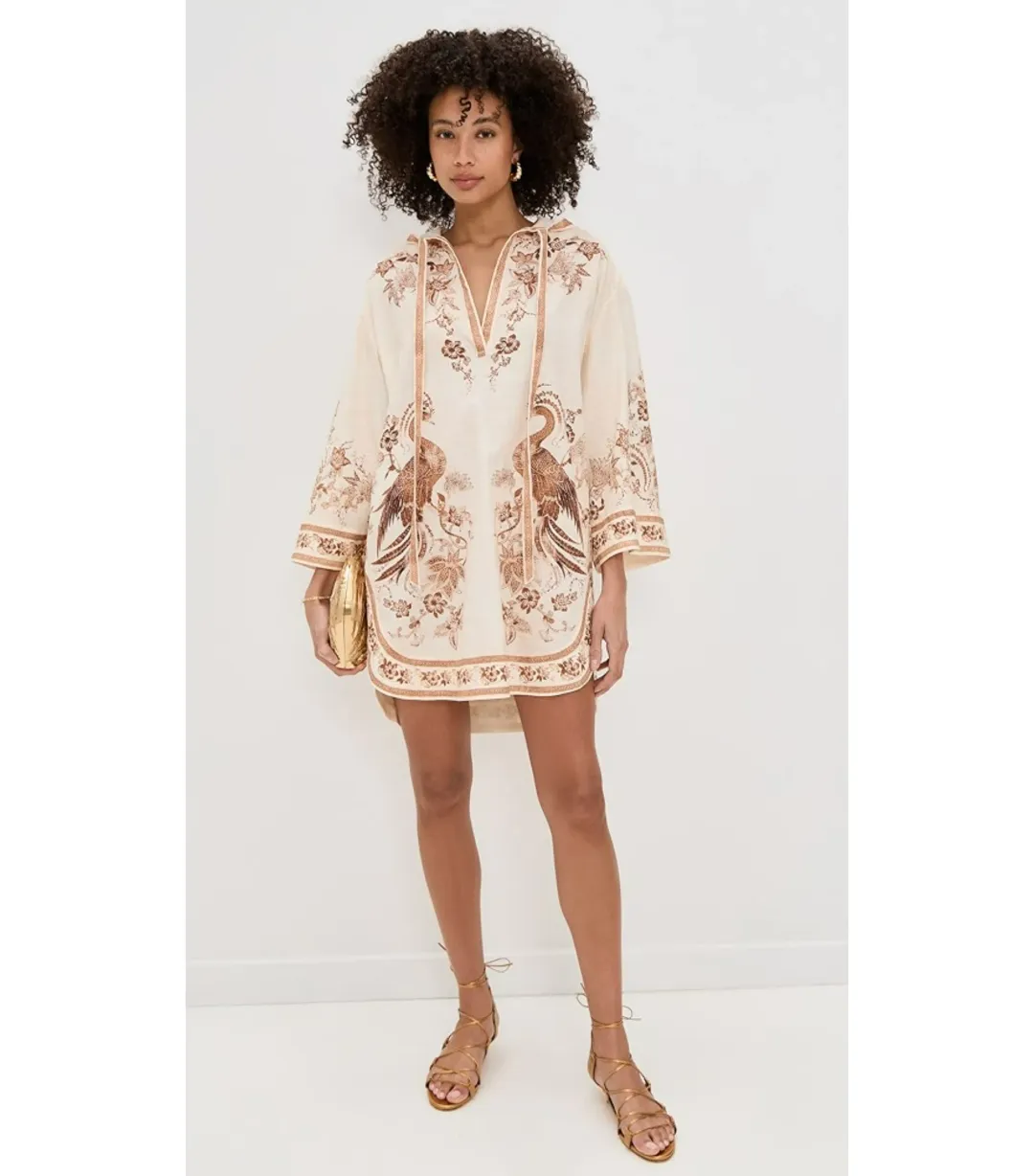 Zimmermann Ascension Tunic Mini Dress Cream Tan Floral Size 0 / Size AU 8 for rent on The Volte - main image