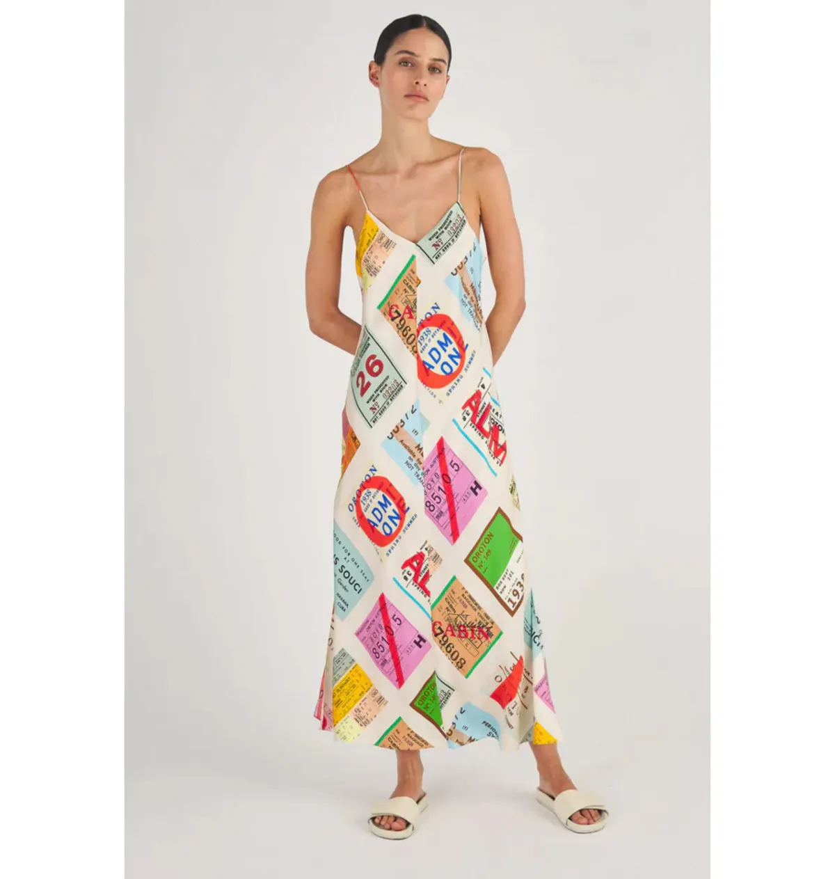 Oroton Ticket Print Slip Maxi Dress Multi Size AU 14 - Image 3