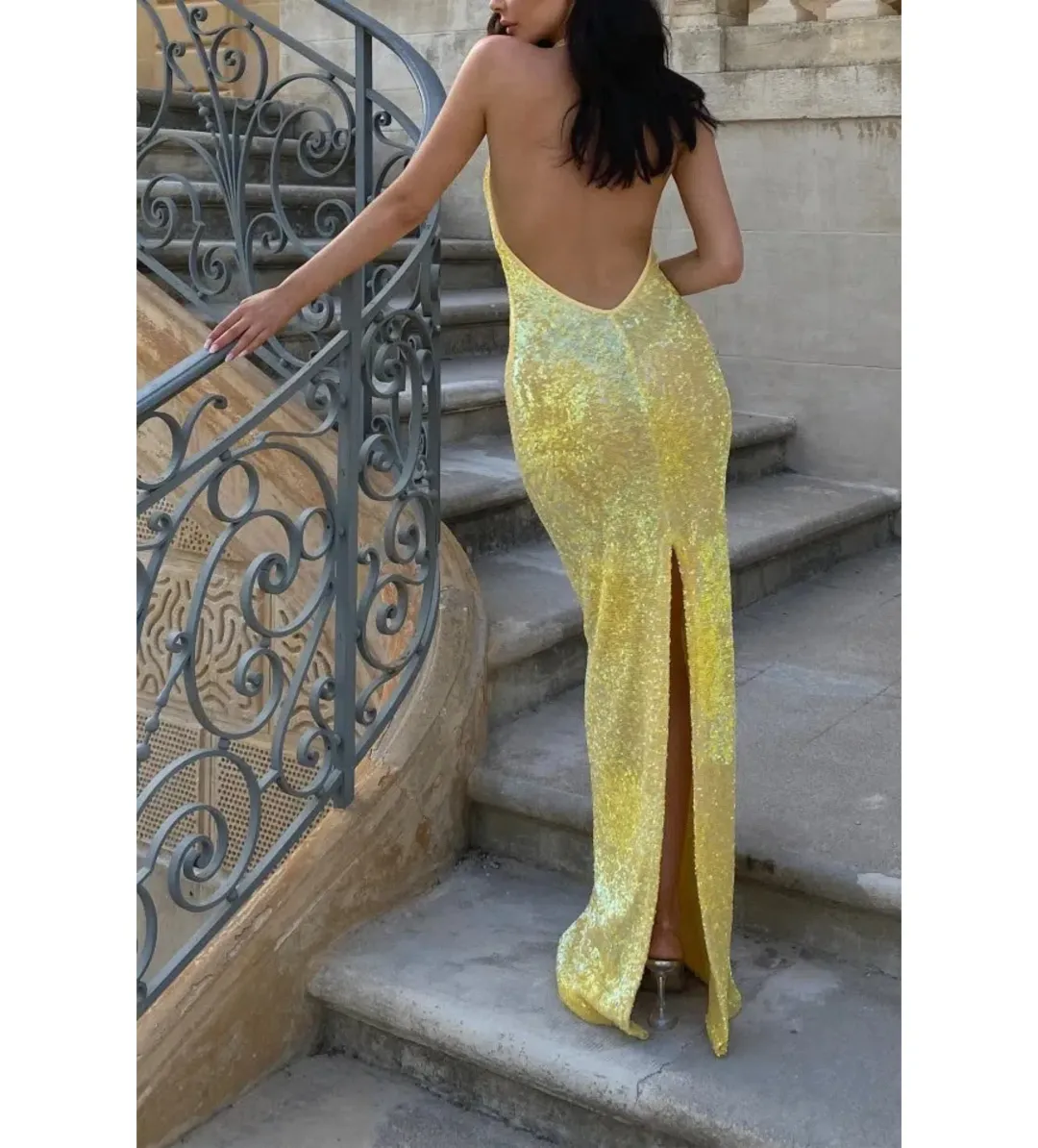 Natalie Rolt Delilah Gown Yellow Sequin Size 0/AU 6 for rent on The Volte - main image