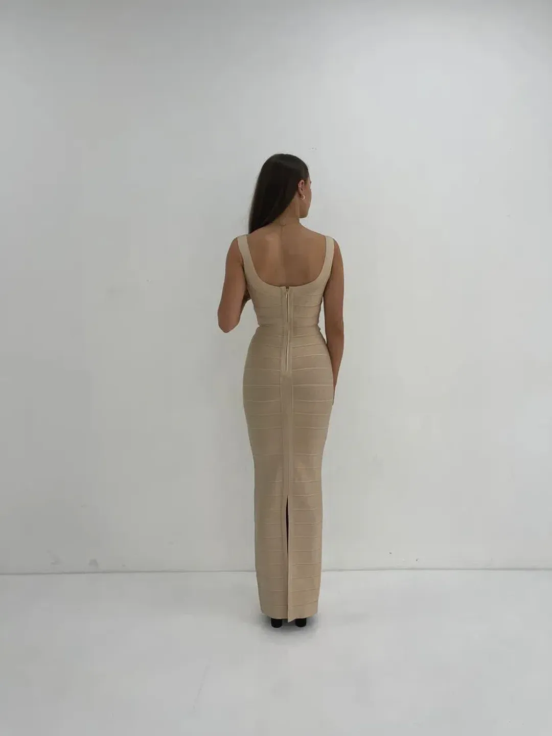 Hervé Léger Round Neck Gown in Beige Size XS/AU6 for rent on The Volte - main image